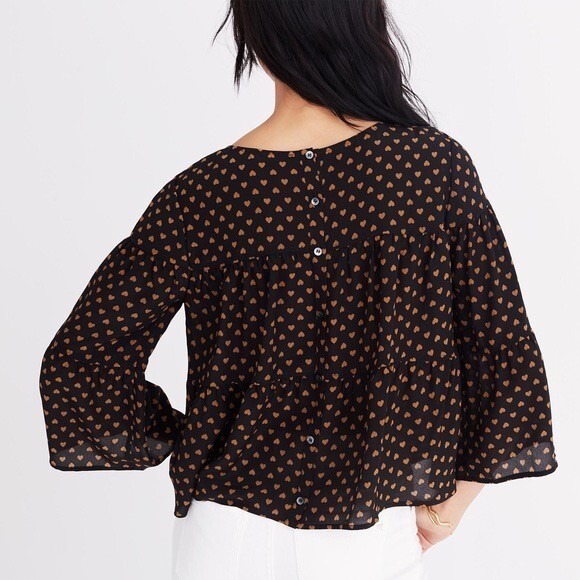 MADEWELL Silk Black Gold Heart Flip Button Back Tiered Top Blouse X-Small - Picture 9 of 16